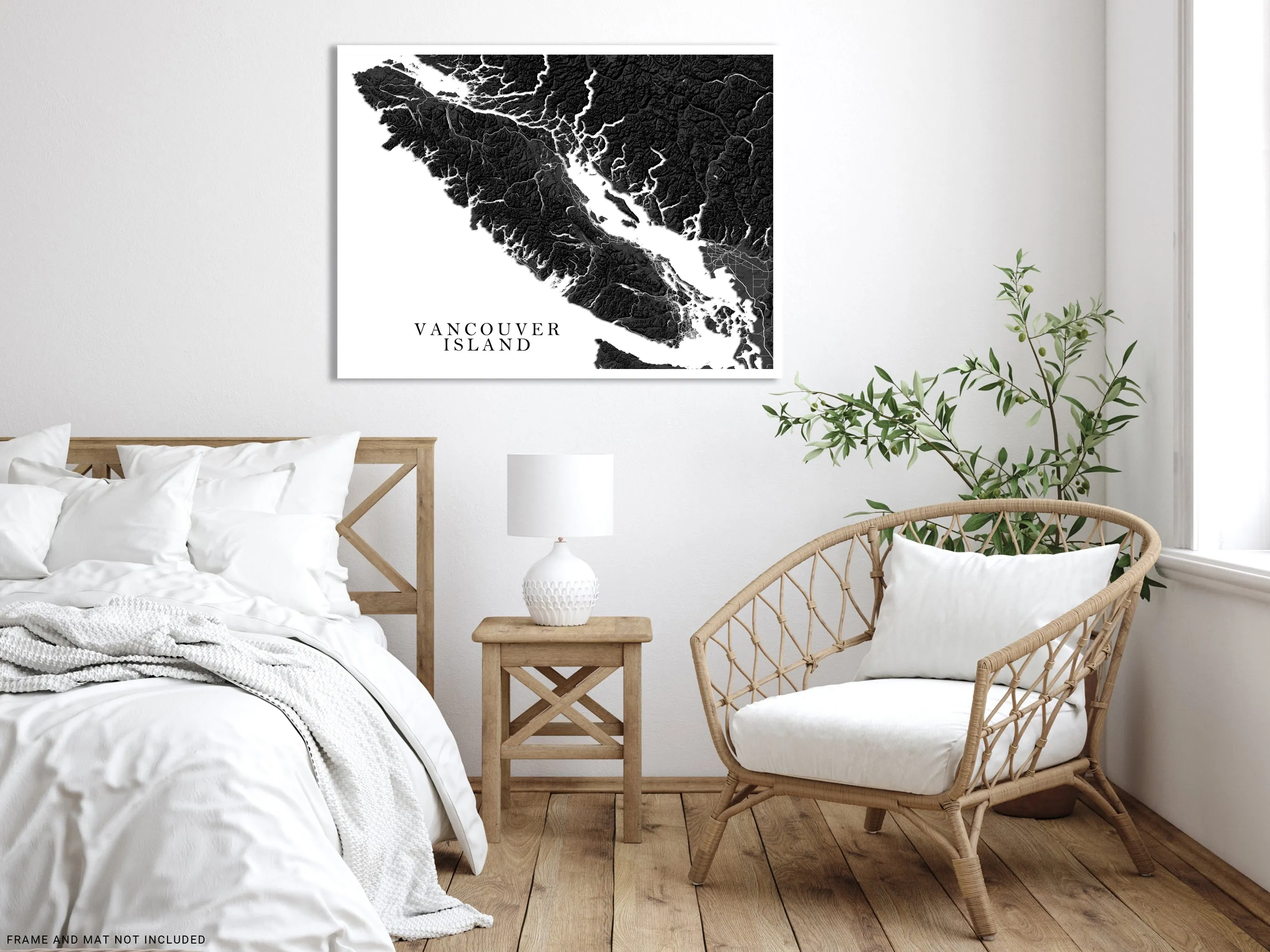 Vancouver Island BC Canada Regional Map Wall Art Print Poster, Black and White Topographic Road Maps, Victoria Nanaimo Gulf Islands