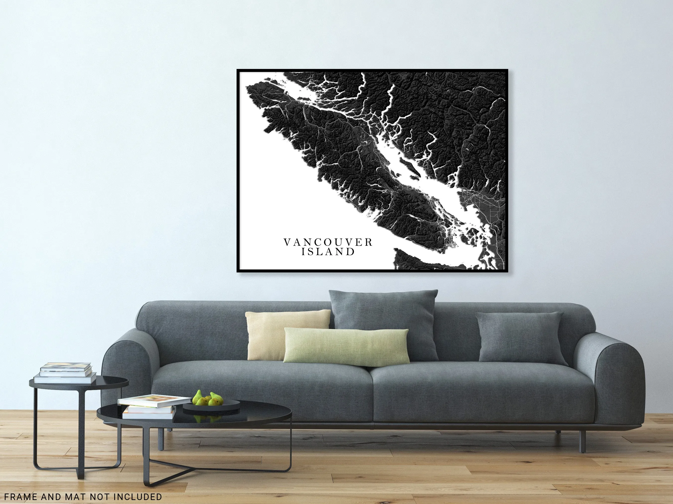 Vancouver Island BC Canada Regional Map Wall Art Print Poster, Black and White Topographic Road Maps, Victoria Nanaimo Gulf Islands