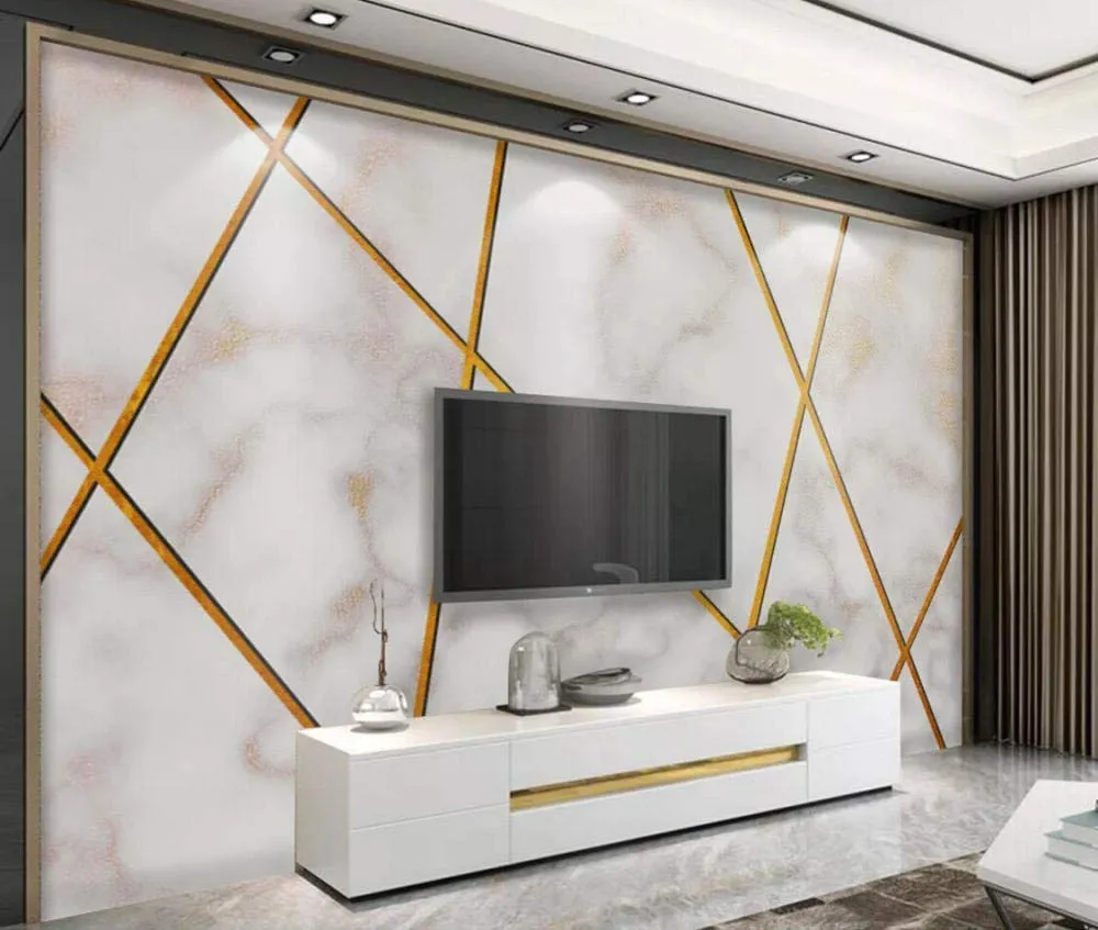 Wall Mural 3D Wallpaper Gold Line Geometric Texture Stone Pattern