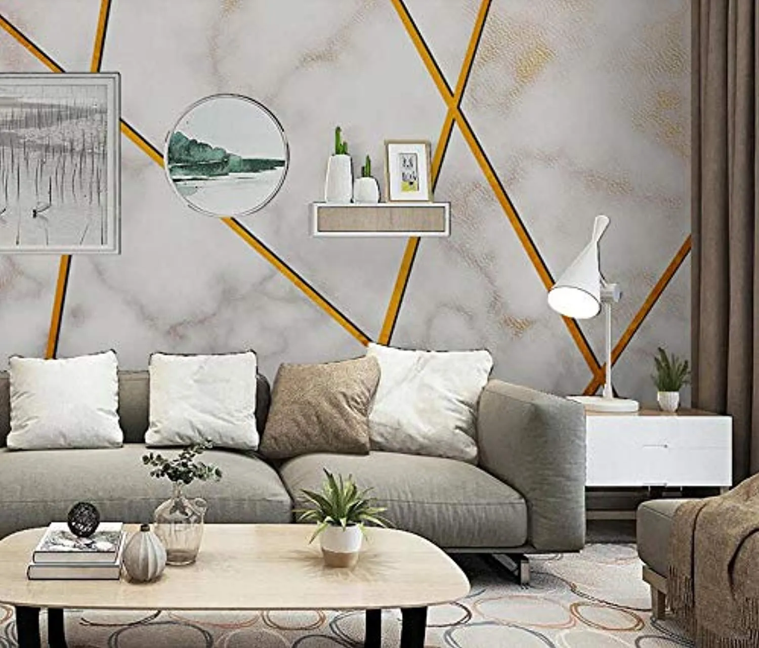 Wall Mural 3D Wallpaper Gold Line Geometric Texture Stone Pattern