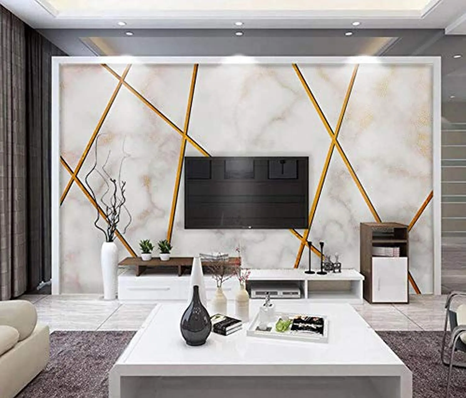 Wall Mural 3D Wallpaper Gold Line Geometric Texture Stone Pattern