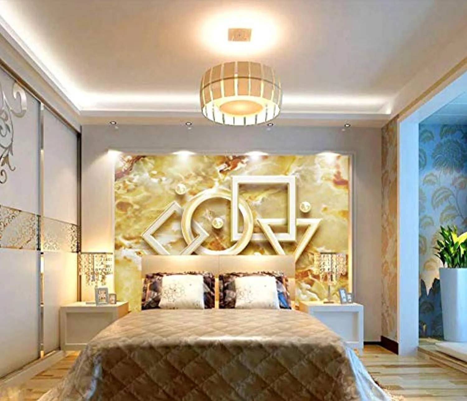 Wall Mural 3D Wallpaper Golden  Geometric Relief Stone  Art