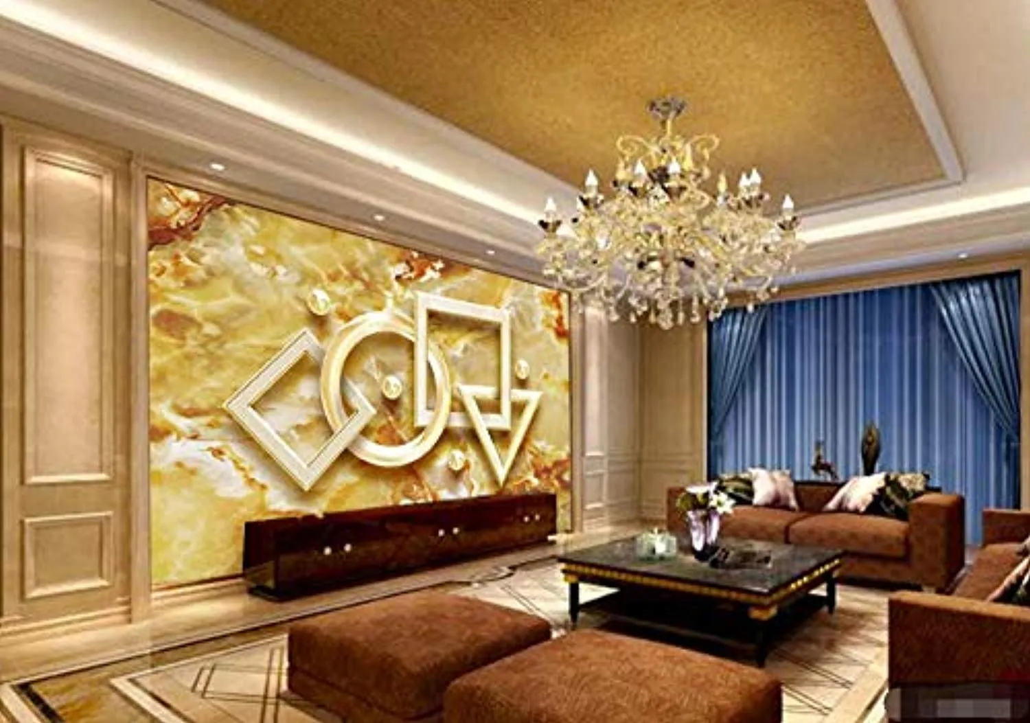 Wall Mural 3D Wallpaper Golden  Geometric Relief Stone  Art