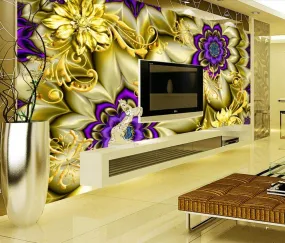 Wall Mural 3D Wallpaper Golden Pattern, Jewel, Purple FlowerWall Decoration Art