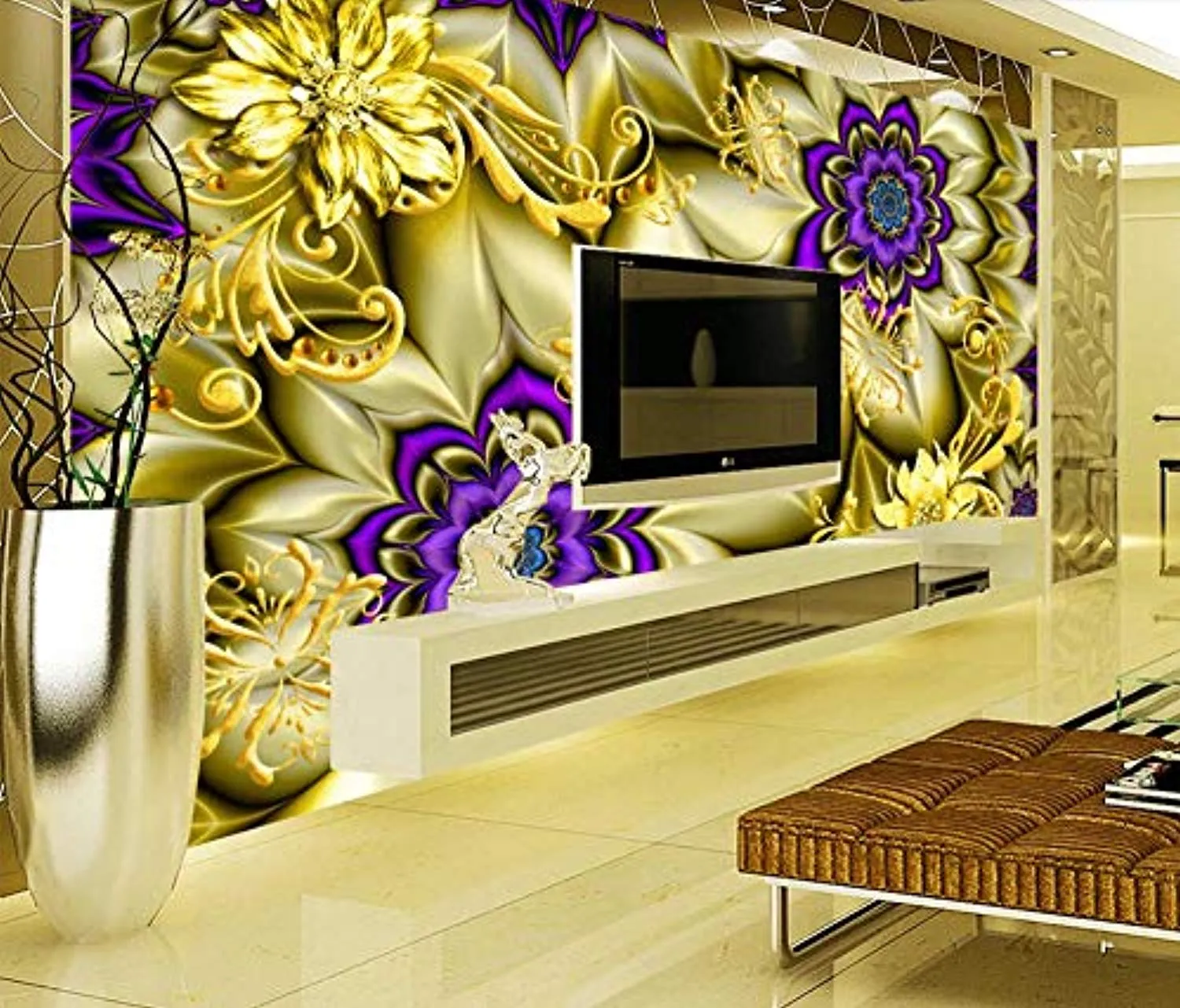 Wall Mural 3D Wallpaper Golden Pattern, Jewel, Purple FlowerWall Decoration Art