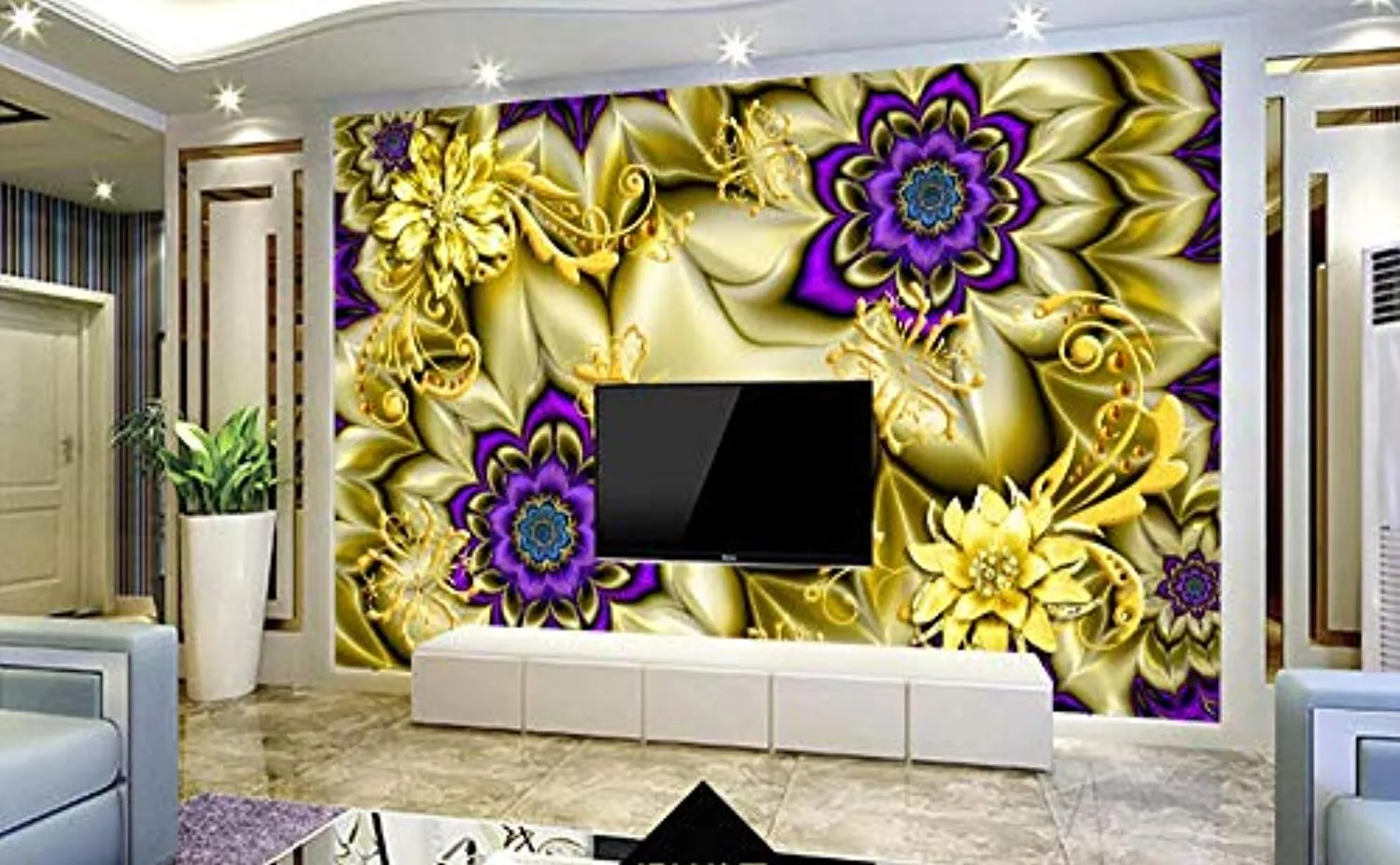 Wall Mural 3D Wallpaper Golden Pattern, Jewel, Purple FlowerWall Decoration Art
