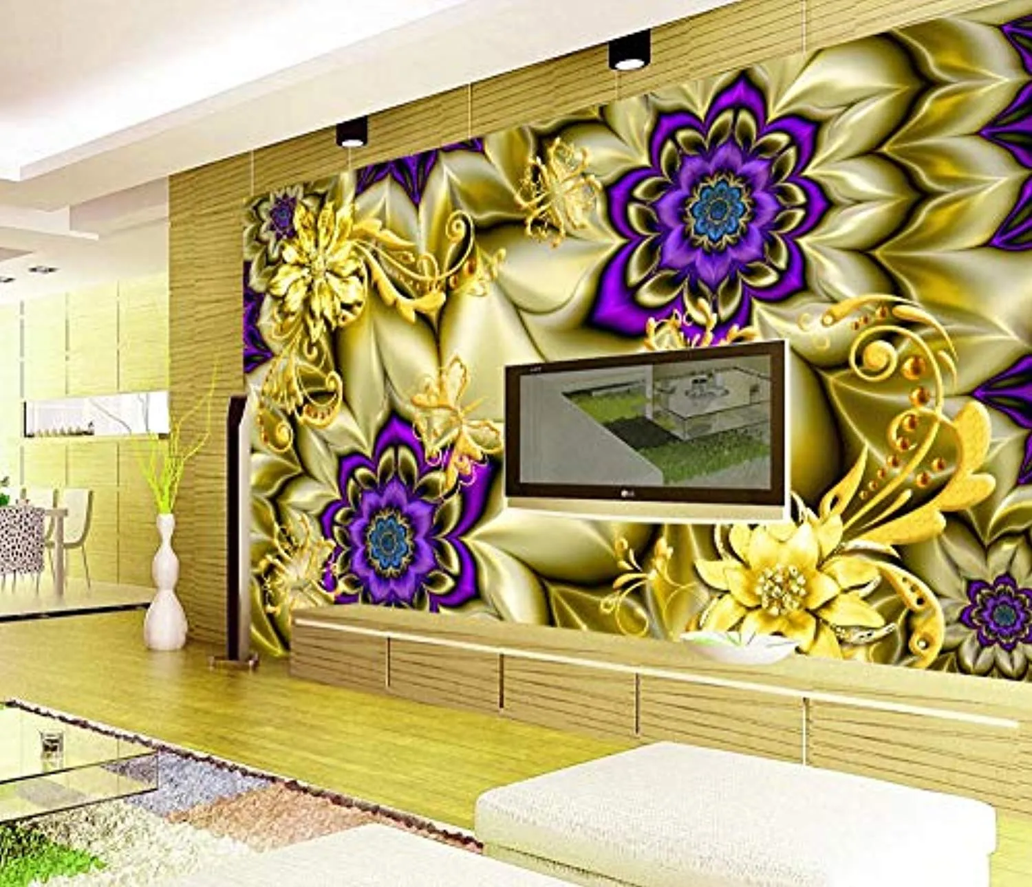 Wall Mural 3D Wallpaper Golden Pattern, Jewel, Purple FlowerWall Decoration Art