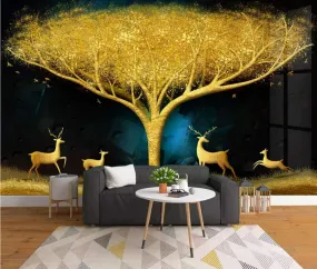 Wall Mural 3D Wallpaper Luxury Golden Tree Elk  Wall Decoration Art 200cm×140cm