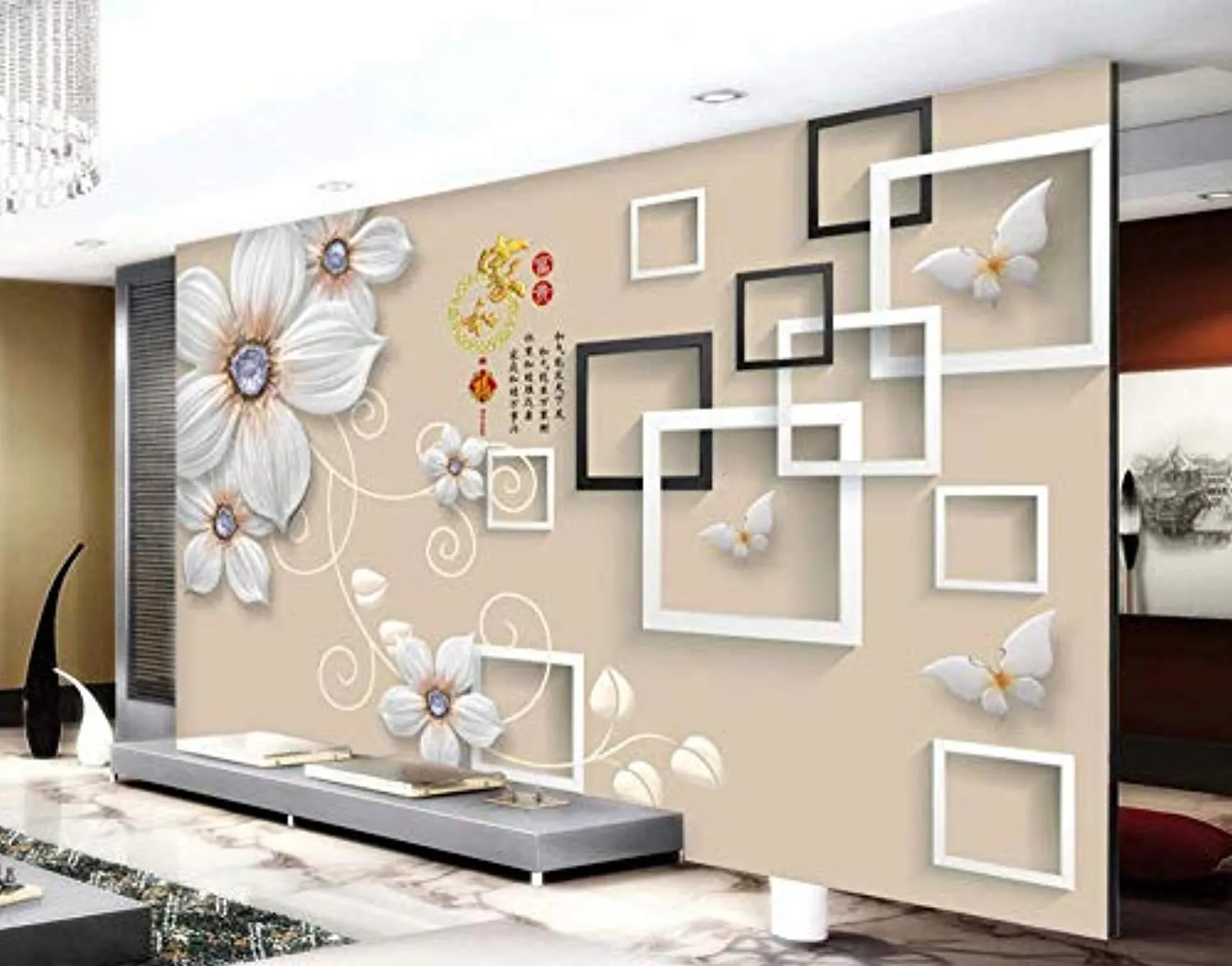 Wall Mural 3D Wallpaper White Minimalist Embossed Flowers