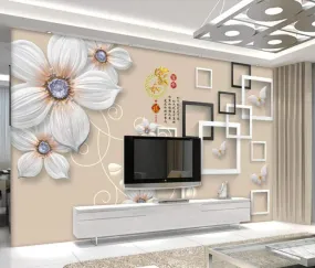 Wall Mural 3D Wallpaper White Minimalist Embossed Flowers