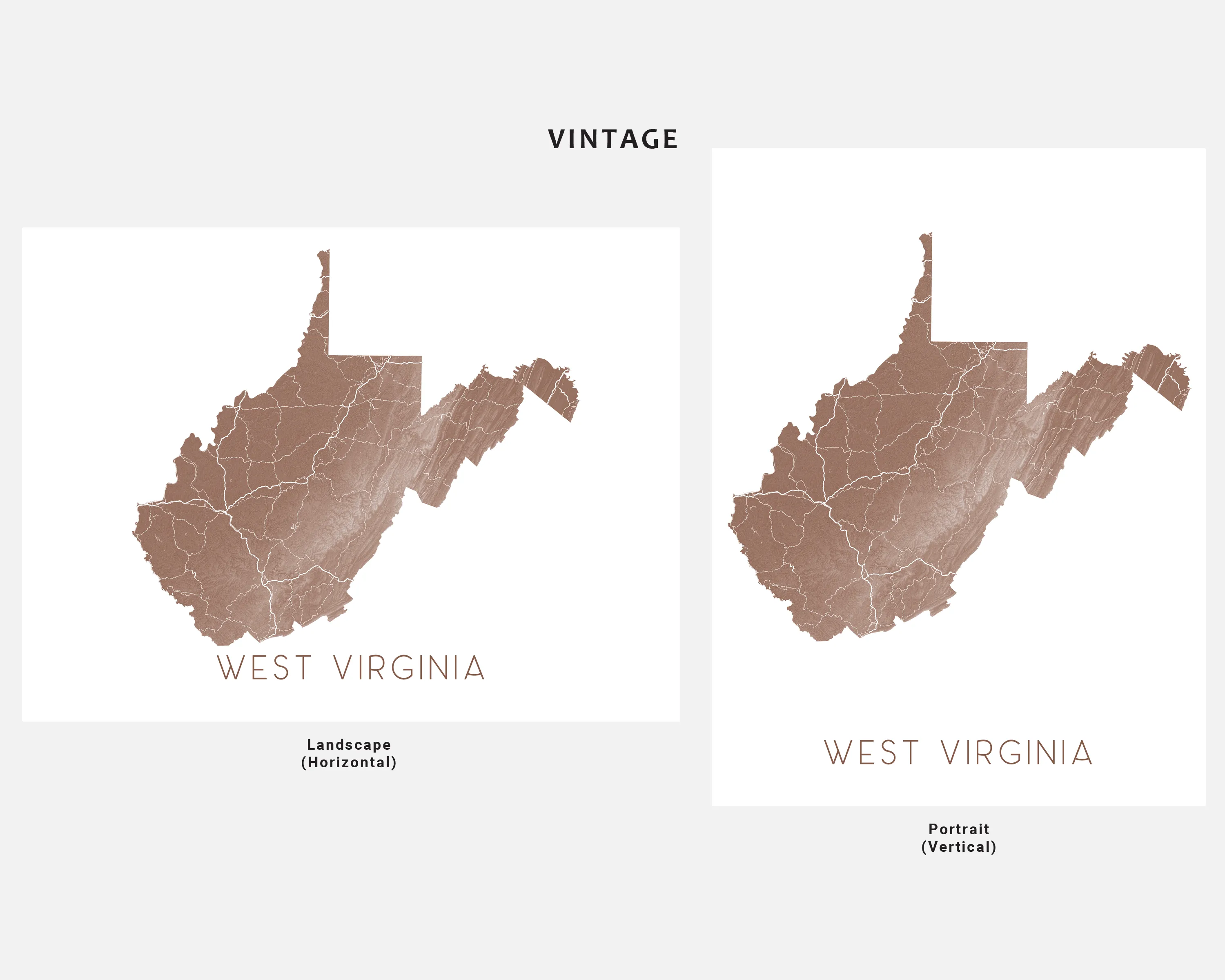 West Virginia Map Wall Art Print Poster- Topographic Landscape Map of WV State Road Maps, USA