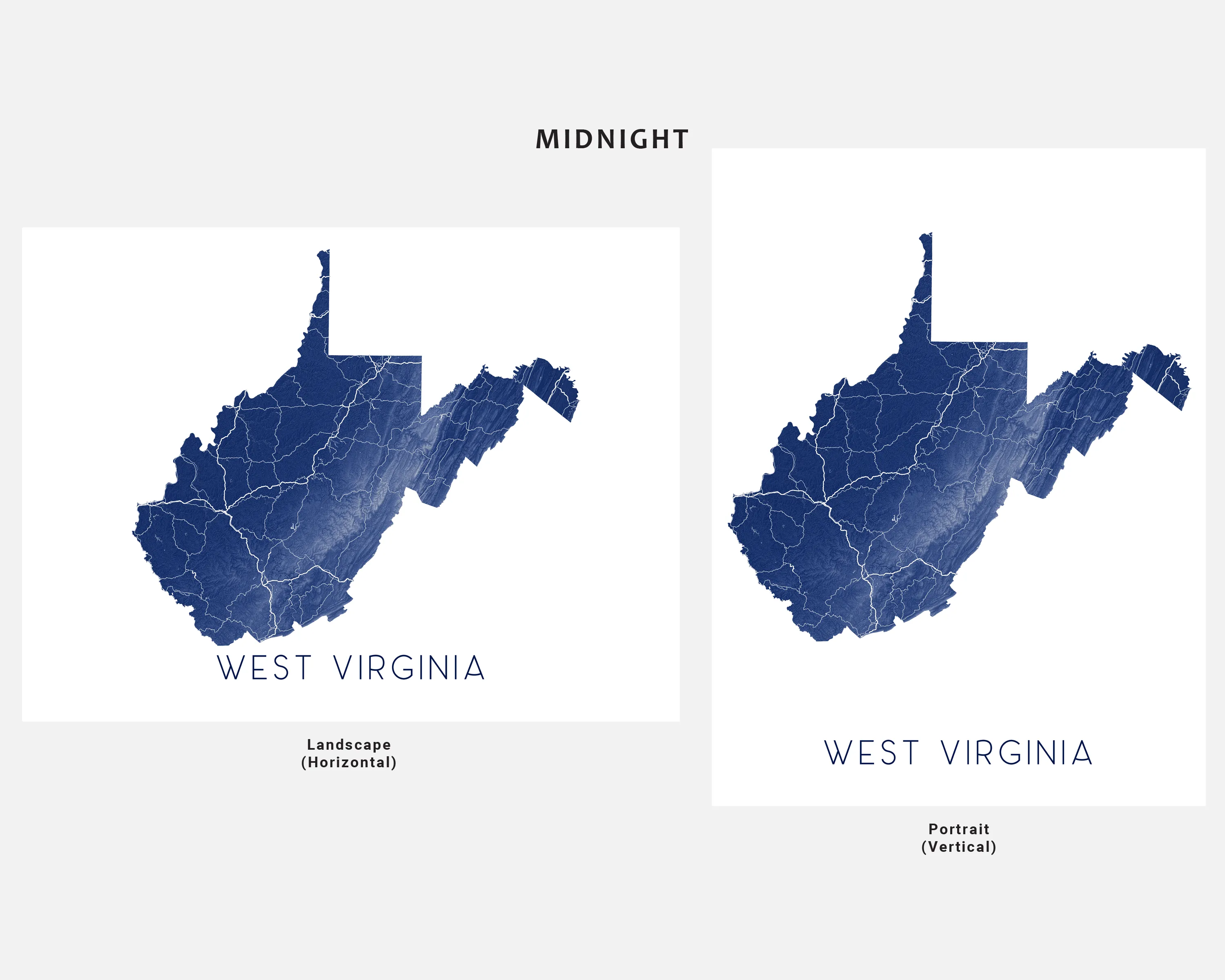 West Virginia Map Wall Art Print Poster- Topographic Landscape Map of WV State Road Maps, USA