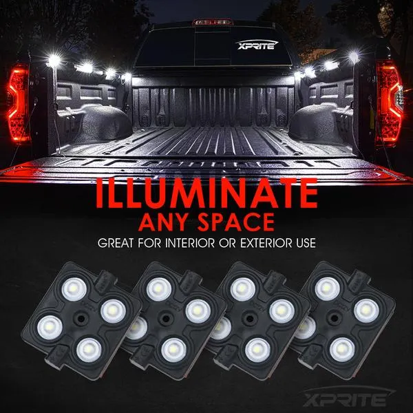 Xprite 8 LED Square Rock Light Pods Truck Bed Lighting Kit w/ Switch - DL-002-L4-W
