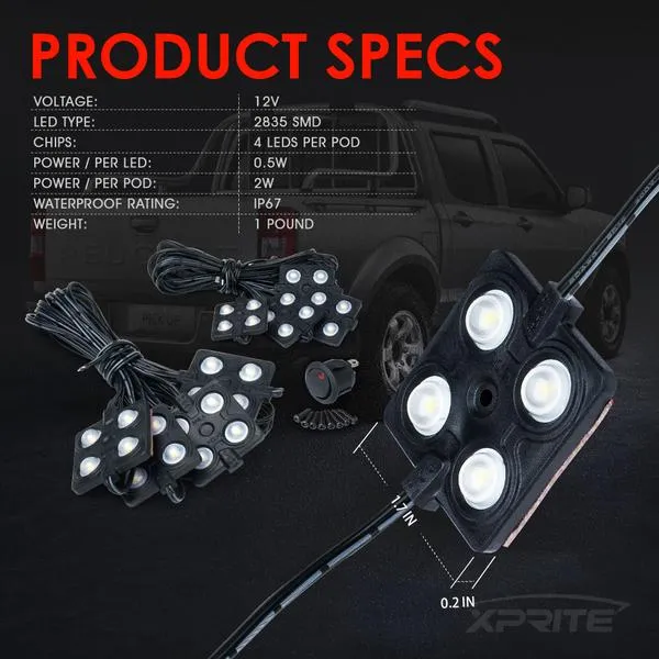 Xprite 8 LED Square Rock Light Pods Truck Bed Lighting Kit w/ Switch - DL-002-L4-W