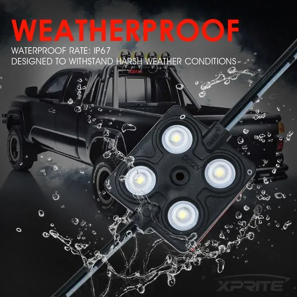 Xprite 8 LED Square Rock Light Pods Truck Bed Lighting Kit w/ Switch - DL-002-L4-W